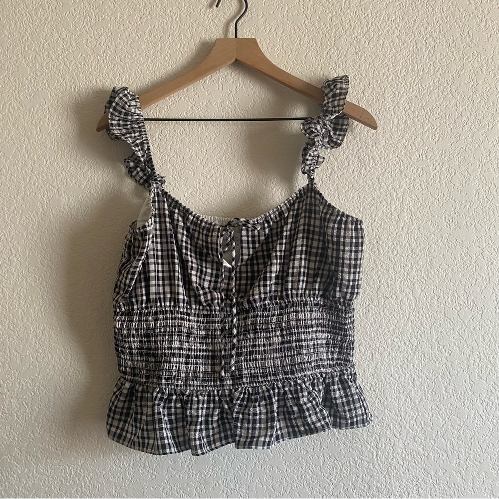 WAYF Check Smocked Waist Top Black White XL - Picture 3 of 10